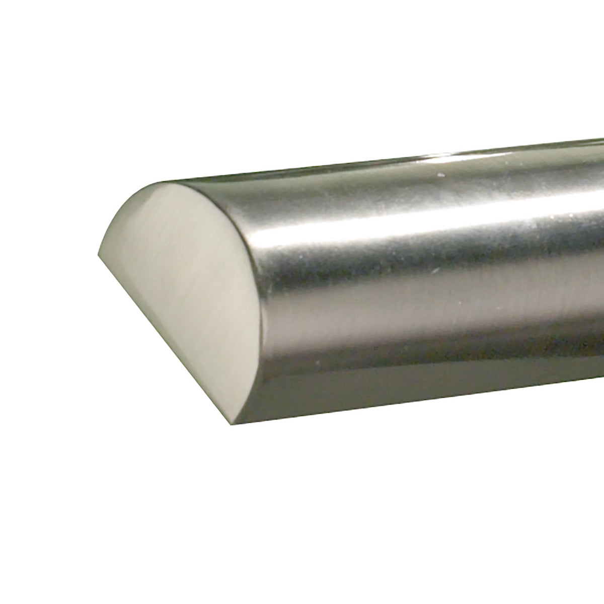 Close-up of a stainless steel half-round bar with a brushed finish.