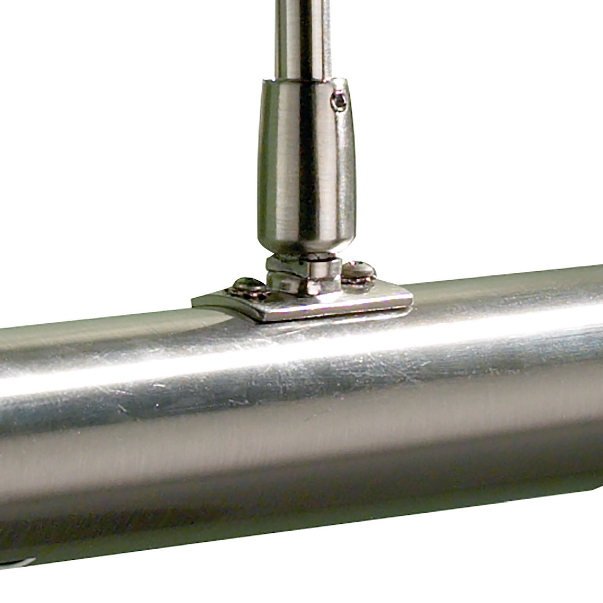 Close-up of a brushed metal tube with a small, silver-colored bracket and screws attached.