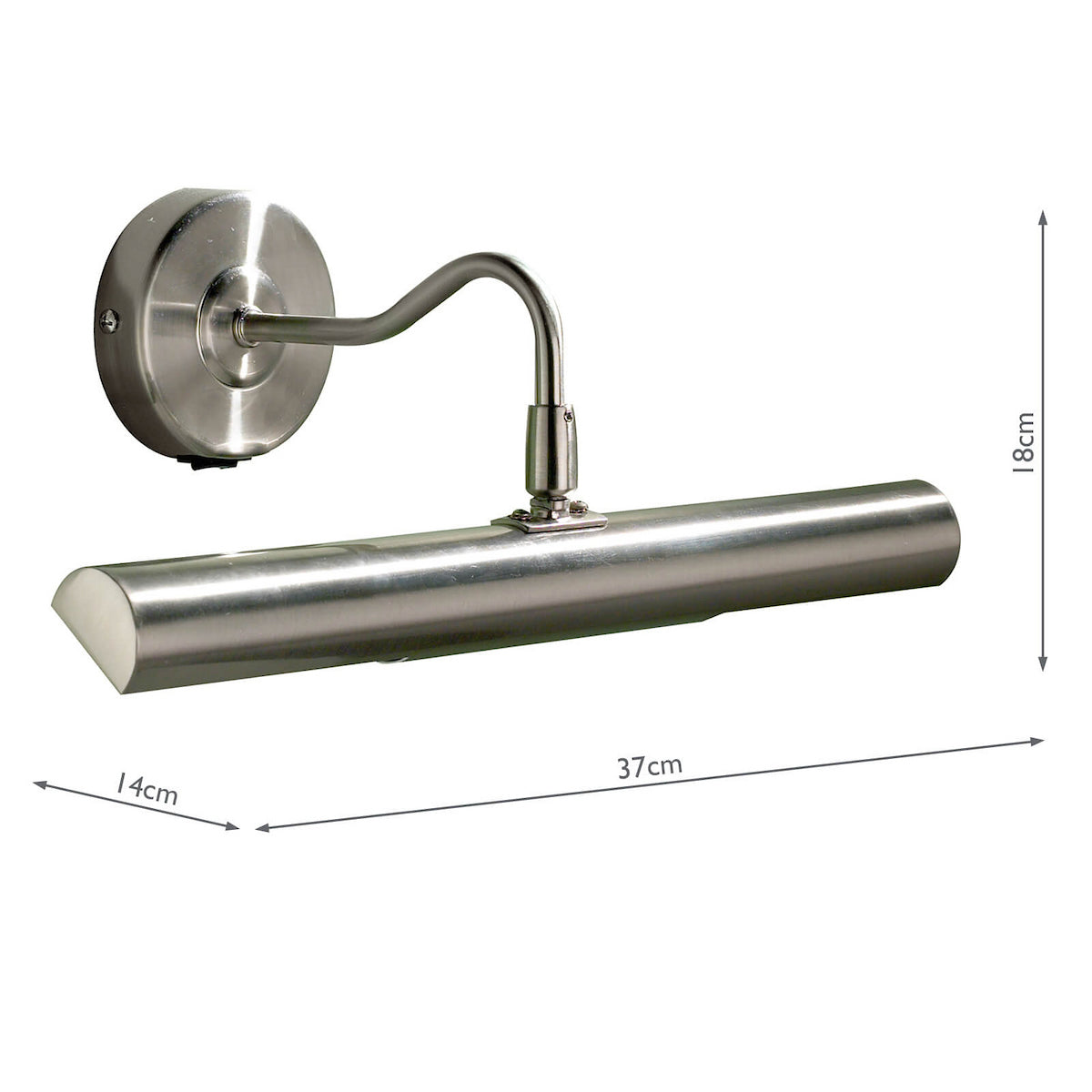 Brushed chrome picture light with a curved arm and measurements of 18cm, 14cm, and 37cm.
