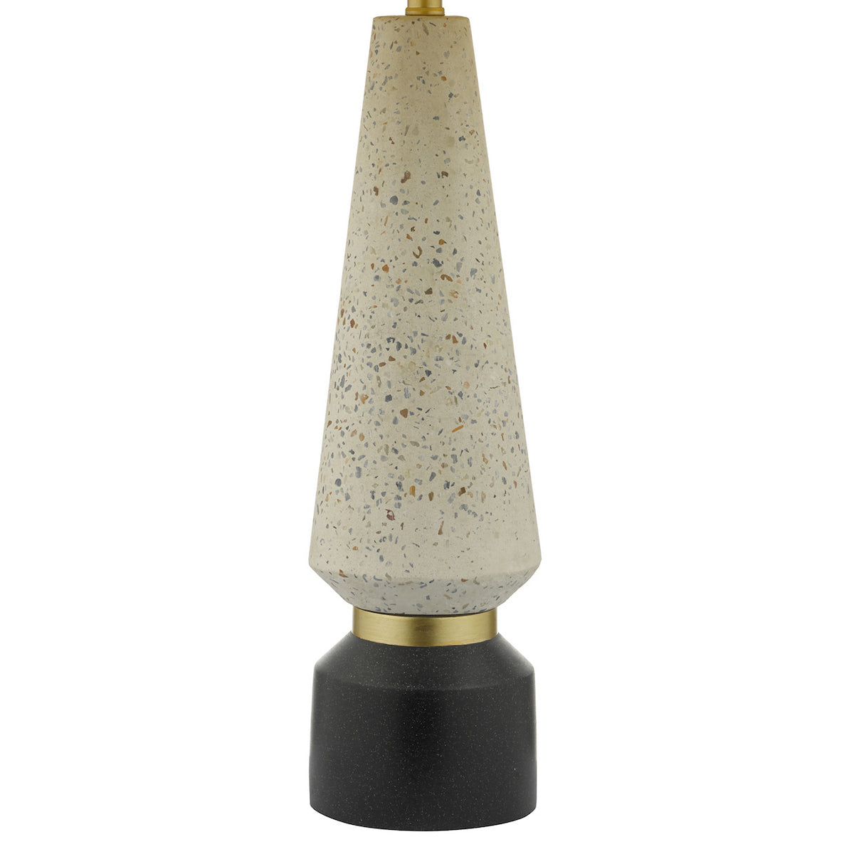 Conical lamp base with a speckled beige top and a solid black base, separated by a brass ring.