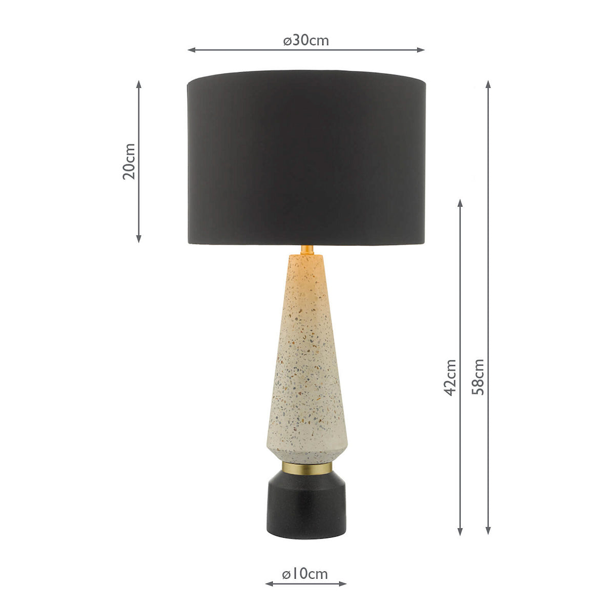 Table lamp with black shade and speckled conical base, showing dimensions of 58cm height, 30cm shade diameter, 10cm base diameter.