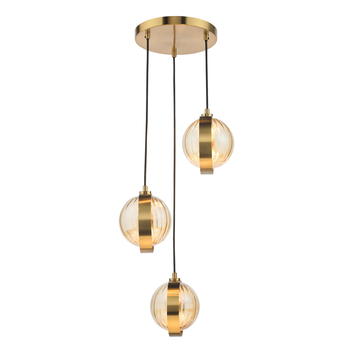 Three-light pendant with ribbed amber glass globes and brass bands, hanging from a round brass ceiling plate.