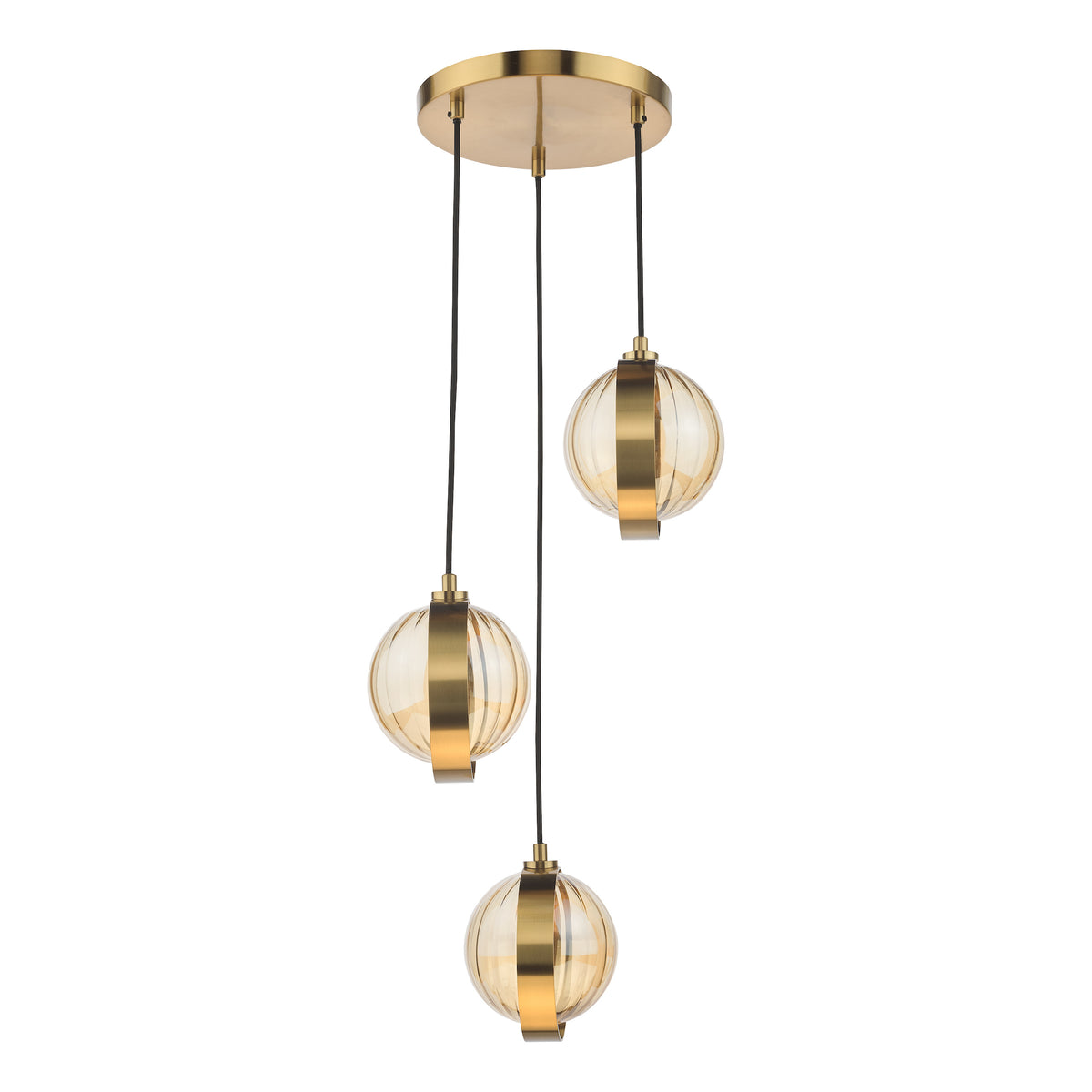 Three-light pendant with ribbed amber glass shades and brass bands, hanging from a round brass canopy.