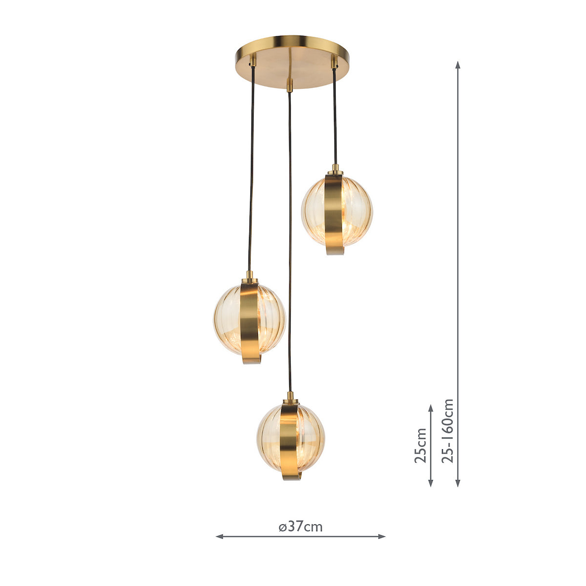 Three pendant lights with gold bases and clear, ribbed glass globes, showing dimensions.