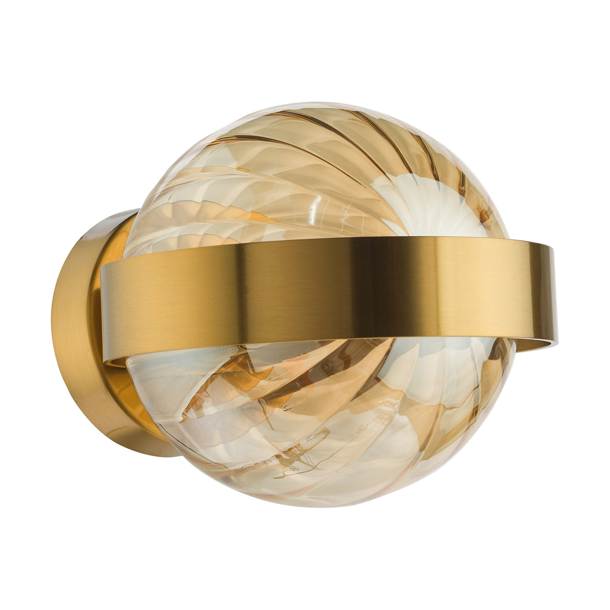 Round wall sconce with a clear amber glass shade and a brushed brass band around the center. 