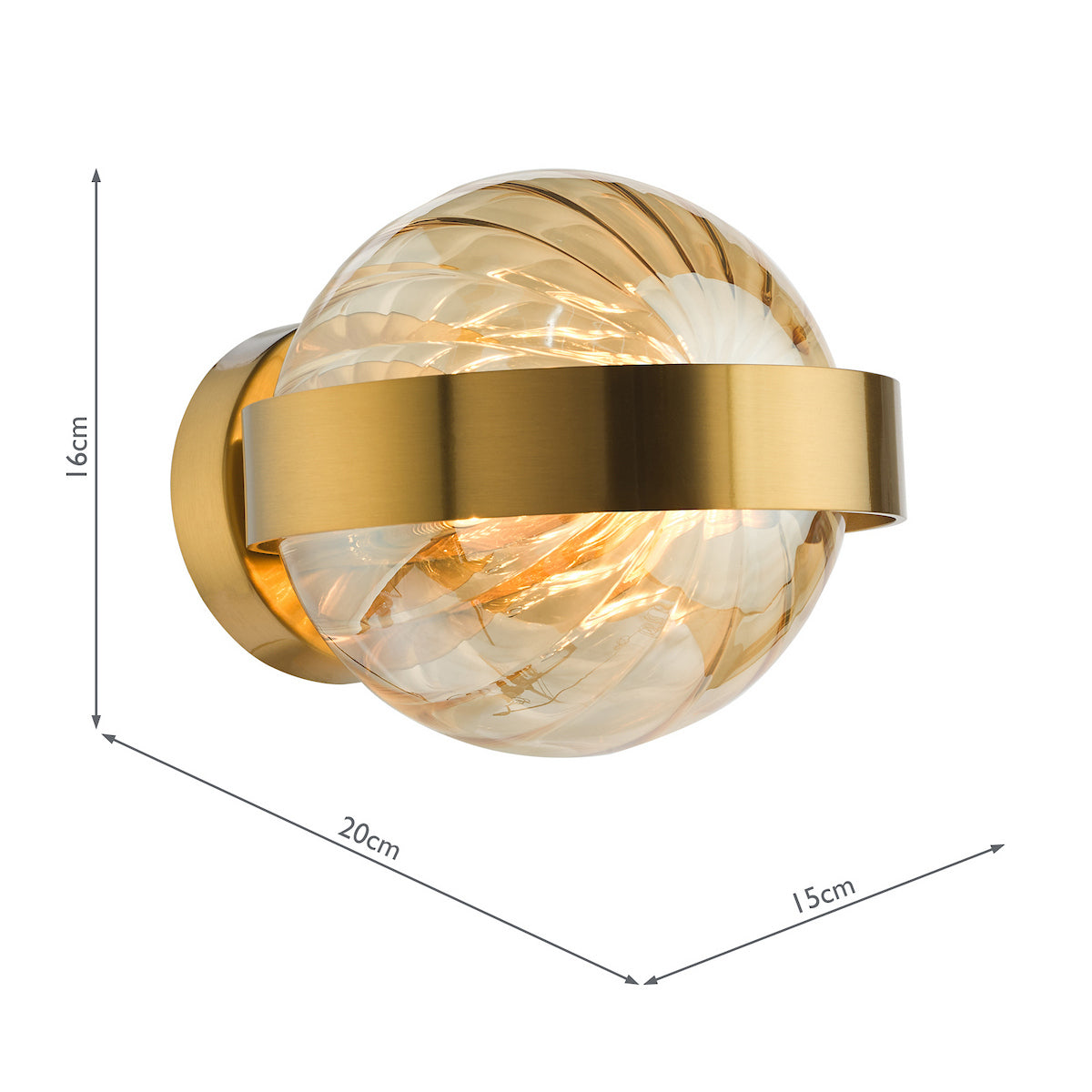 Amber glass globe wall light with a brass band, showing dimensions of 16cm height, 20cm width, and 15cm depth.