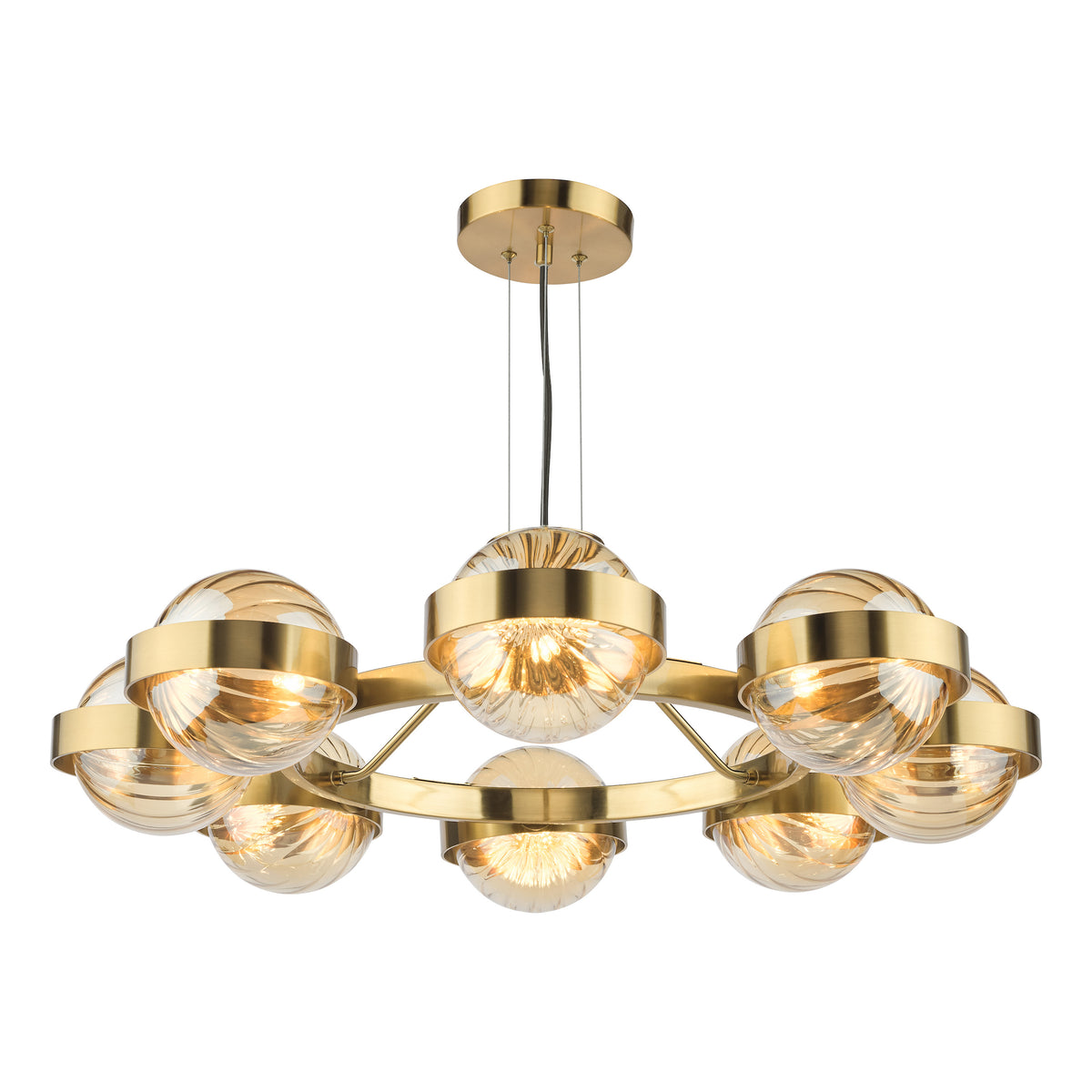 A gold chandelier with eight amber glass globes, each with a swirling pattern, emitting a warm glow.