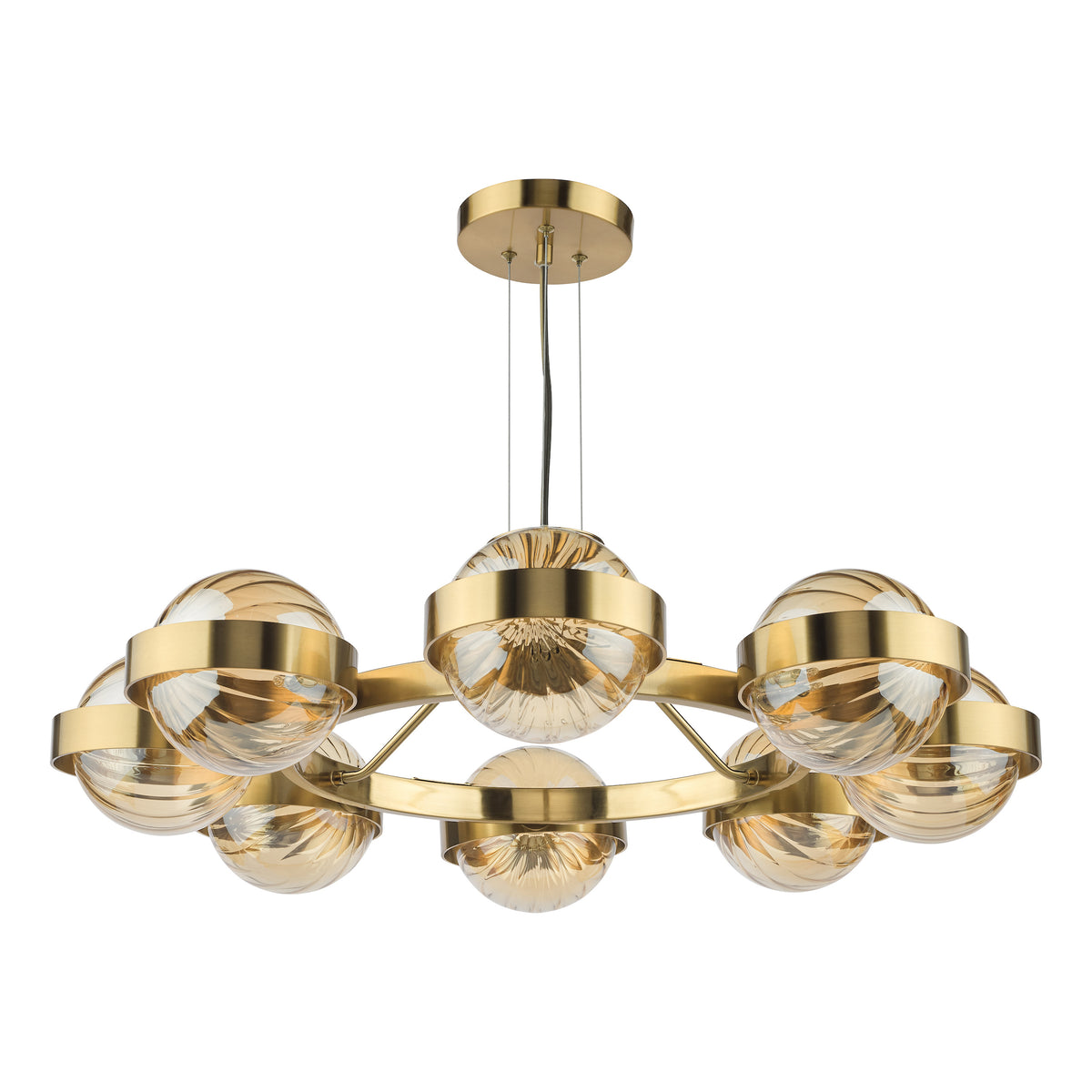 Modern brass chandelier with eight amber glass globes, each encircled by a brass band, on a white background.