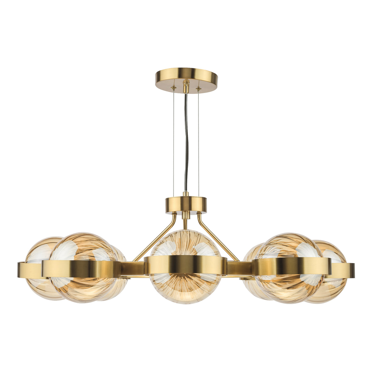 Ophira Eight Light Pendant Chandelier In Antique Gold with Amber Ribbed Glass Shades