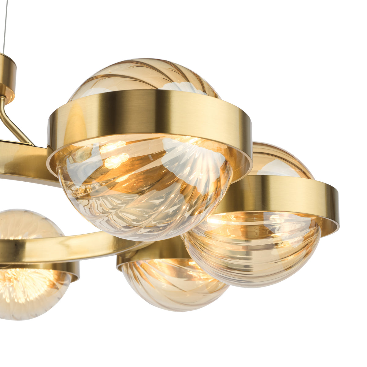 Brass chandelier with amber swirl glass globes