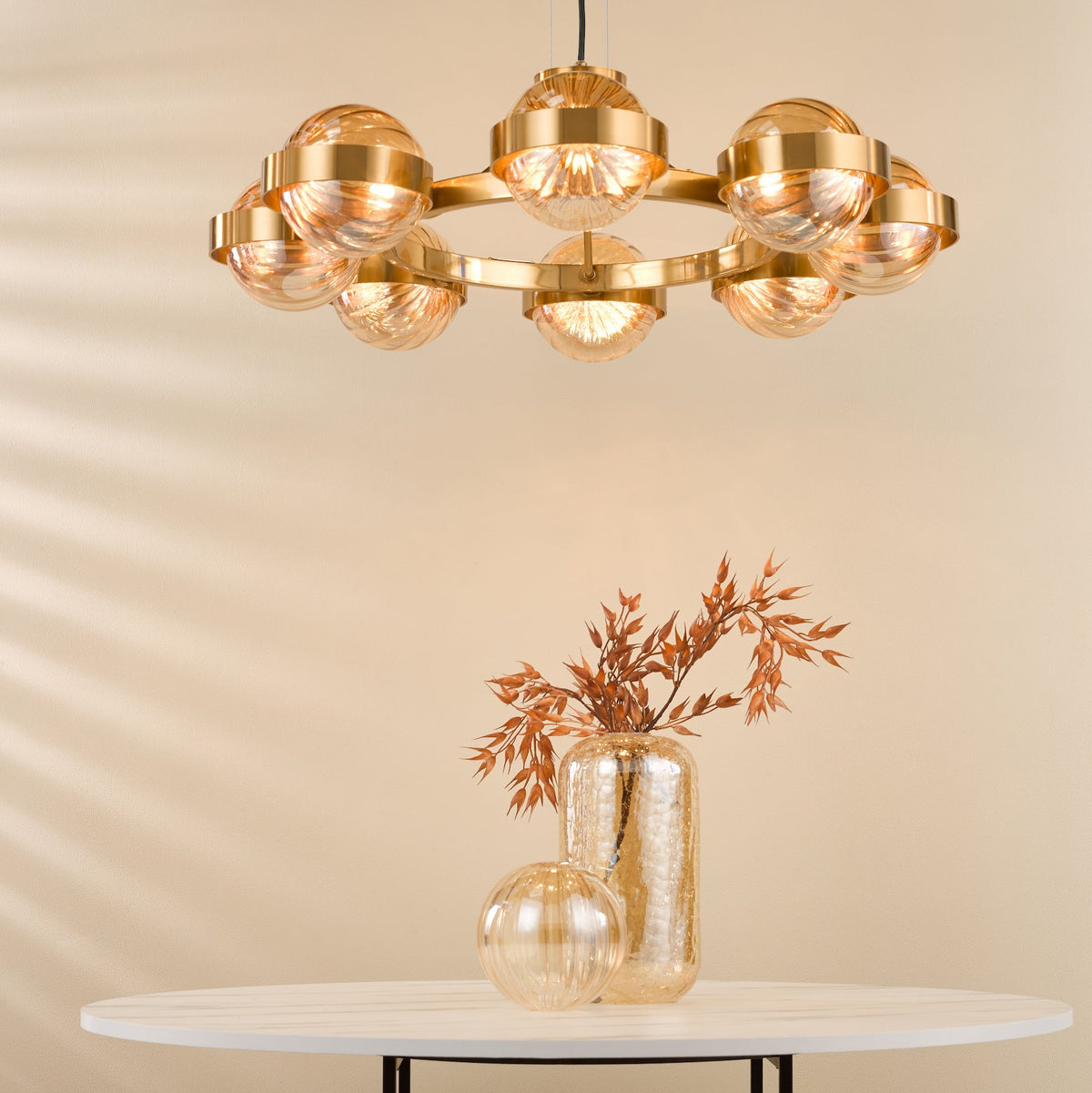 Ophira Eight Light Pendant Chandelier In Antique Gold with Amber Ribbed Glass Shades