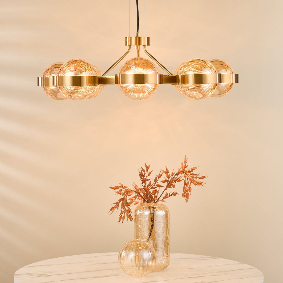 Ophira Eight Light Pendant Chandelier In Antique Gold with Amber Ribbed Glass Shades