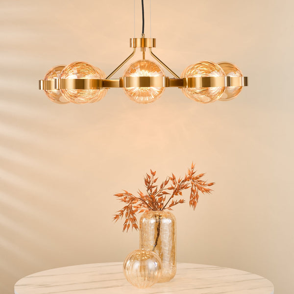 Ophira Eight Light Pendant Chandelier In Antique Gold with Amber Ribbed Glass Shades