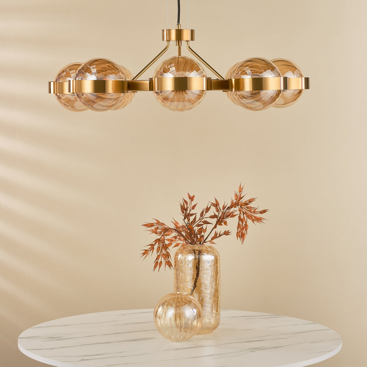 Ophira Eight Light Pendant Chandelier In Antique Gold with Amber Ribbed Glass Shades