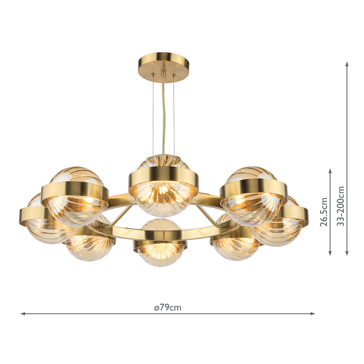 Round gold chandelier with eight amber glass globes, showing dimensions of 79cm width and 33-200cm height.