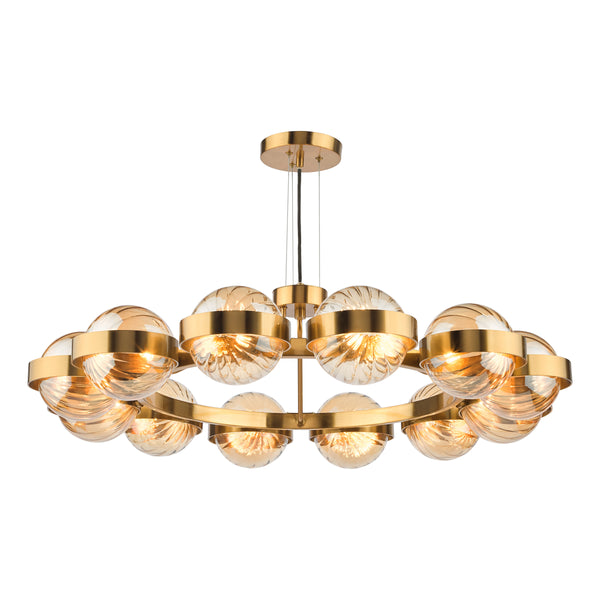 Ophira Twelve Light Pendant Chandelier In Antique Gold with Amber Ribbed Glass Shades