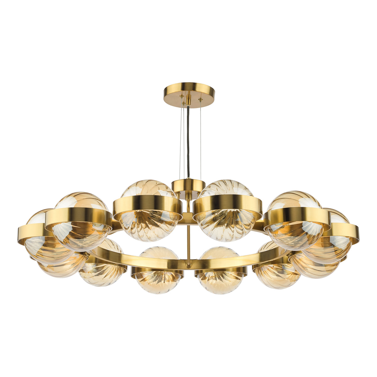 Dar Lighting Ophira twelve light pendant chandelier with antique gold frame and amber ribbed glass shades