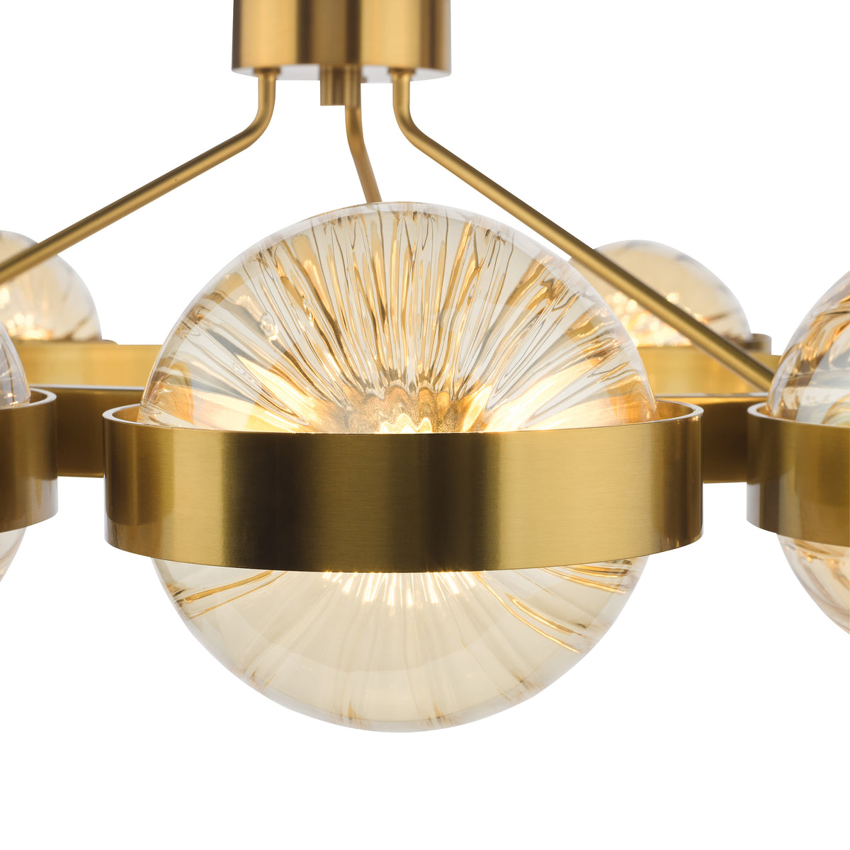Brass chandelier with ribbed glass globe shades