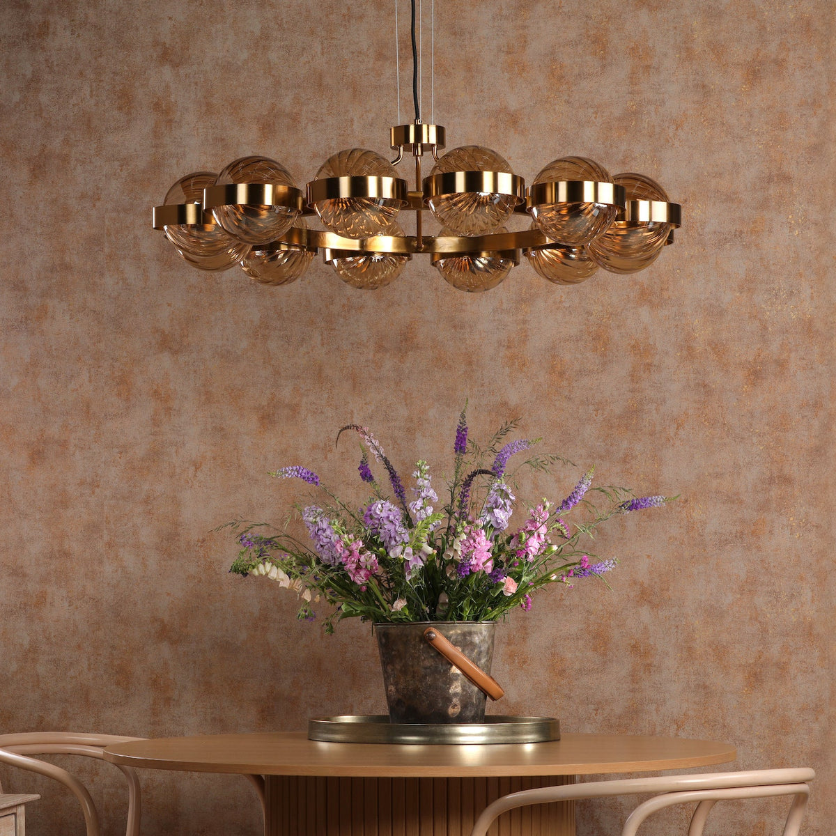 Ophira Twelve Light Pendant Chandelier In Antique Gold with Amber Ribbed Glass Shades
