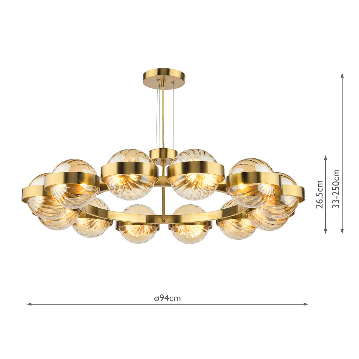 A gold chandelier with ten amber glass globes, each with a swirling pattern. Dimensions are 94cm wide and 33-250cm high.