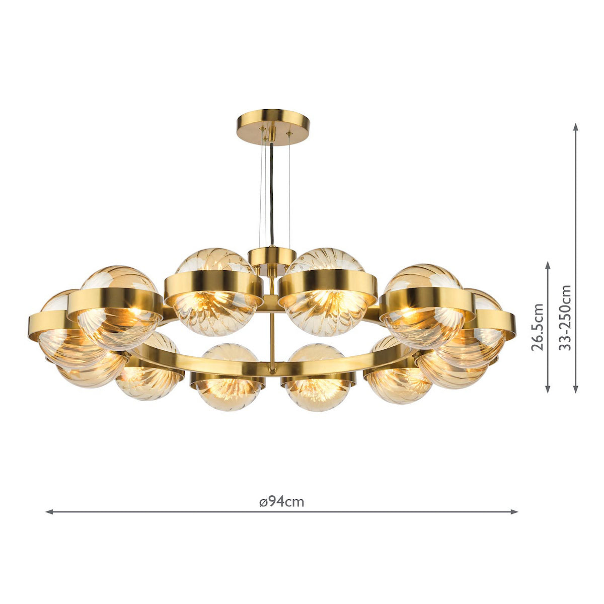 Ophira Twelve Light Pendant Chandelier In Antique Gold with Amber Ribbed Glass Shades