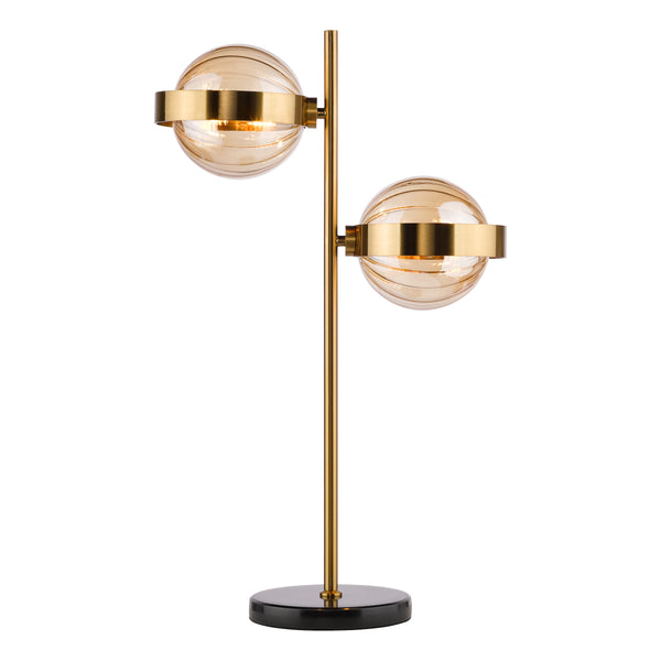 Ophira 2 Light Table Lamp Antique Gold Black Marble and Amber Ribbed Glass Shades
