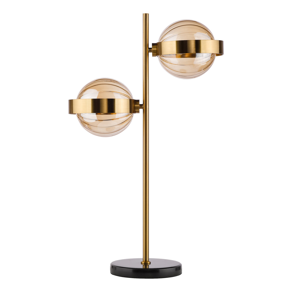 Ophira 2 Light Table Lamp Antique Gold Black Marble and Amber Ribbed Glass Shades