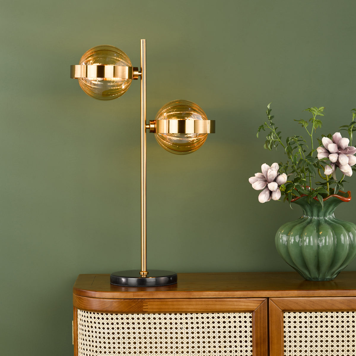 Ophira 2 Light Table Lamp Antique Gold Black Marble and Amber Ribbed Glass Shades