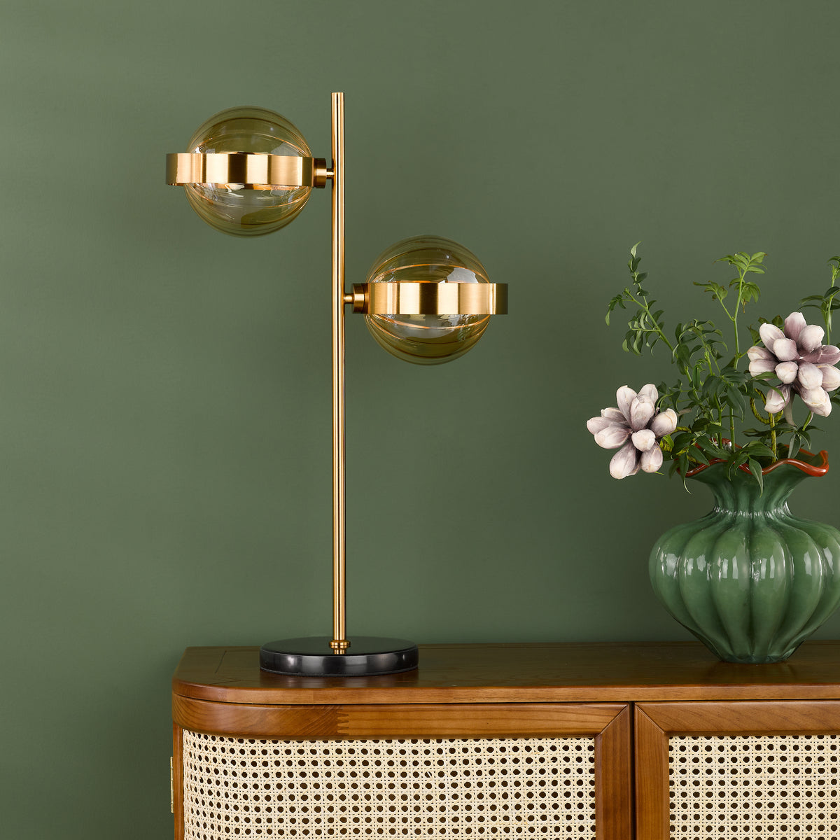 Ophira 2 Light Table Lamp Antique Gold Black Marble and Amber Ribbed Glass Shades