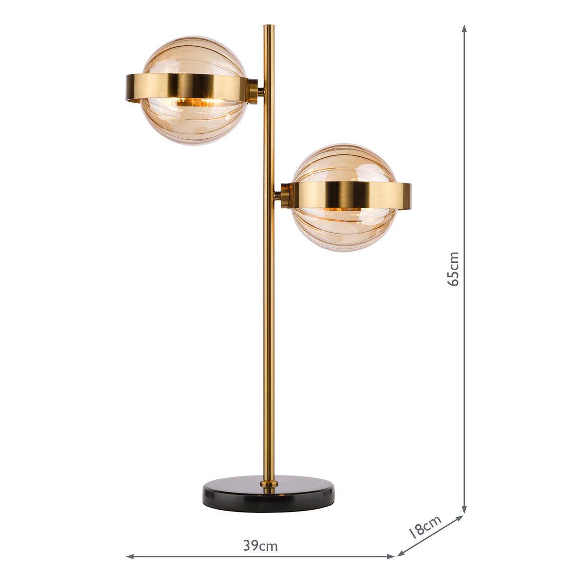Ophira 2 Light Table Lamp Antique Gold Black Marble and Amber Ribbed Glass Shades