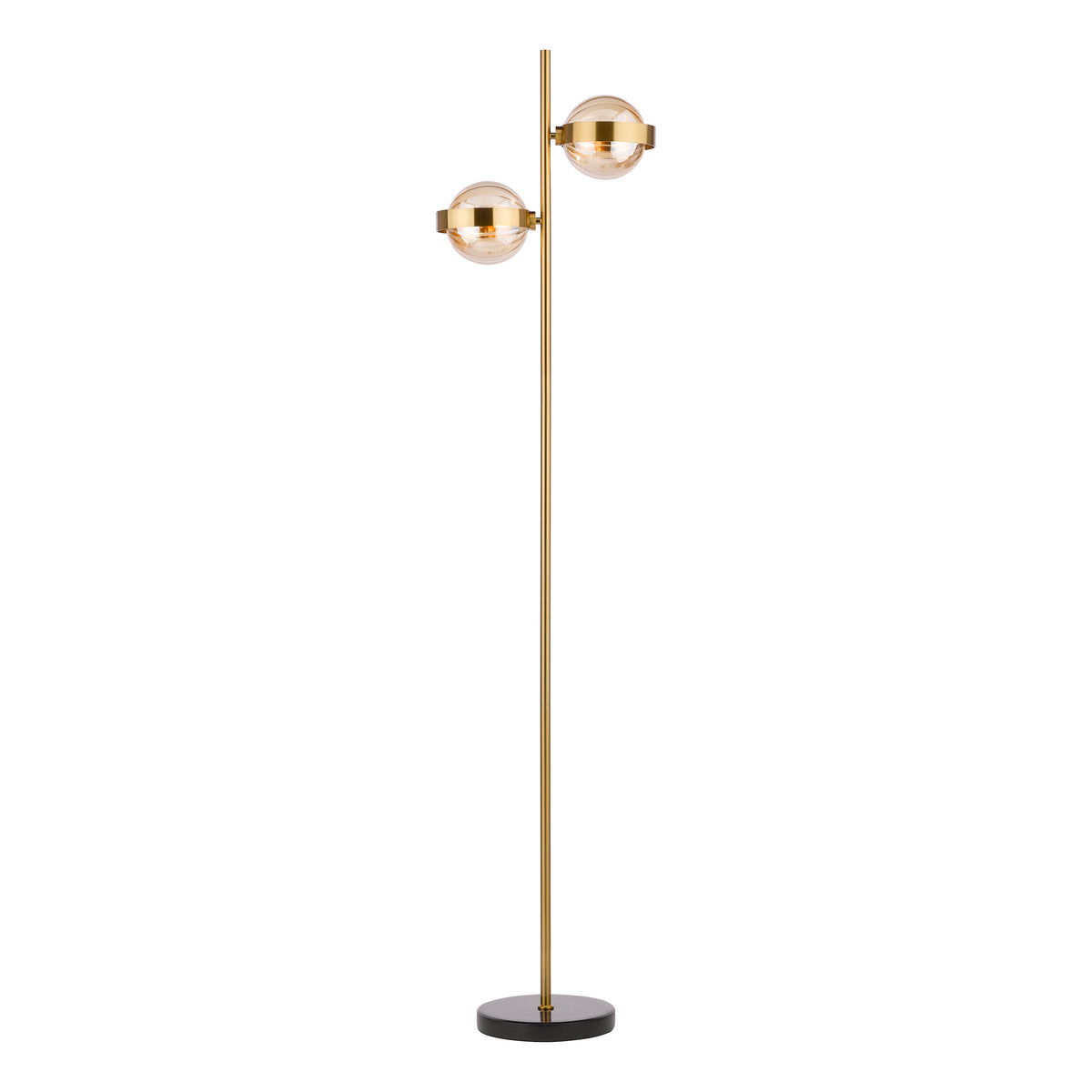 Ophira 2 Light Floor Lamp Antique Gold Black Marble and Amber Ribbed Glass Shades