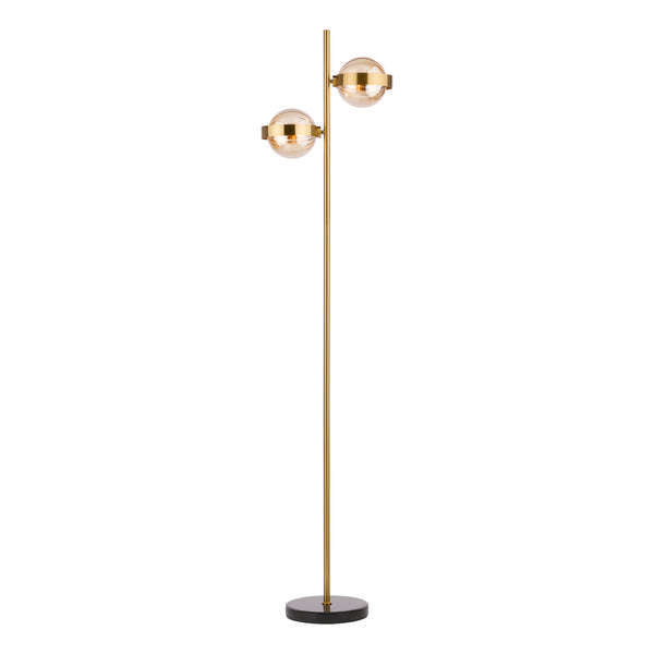 Ophira 2 Light Floor Lamp Antique Gold Black Marble and Amber Ribbed Glass Shades