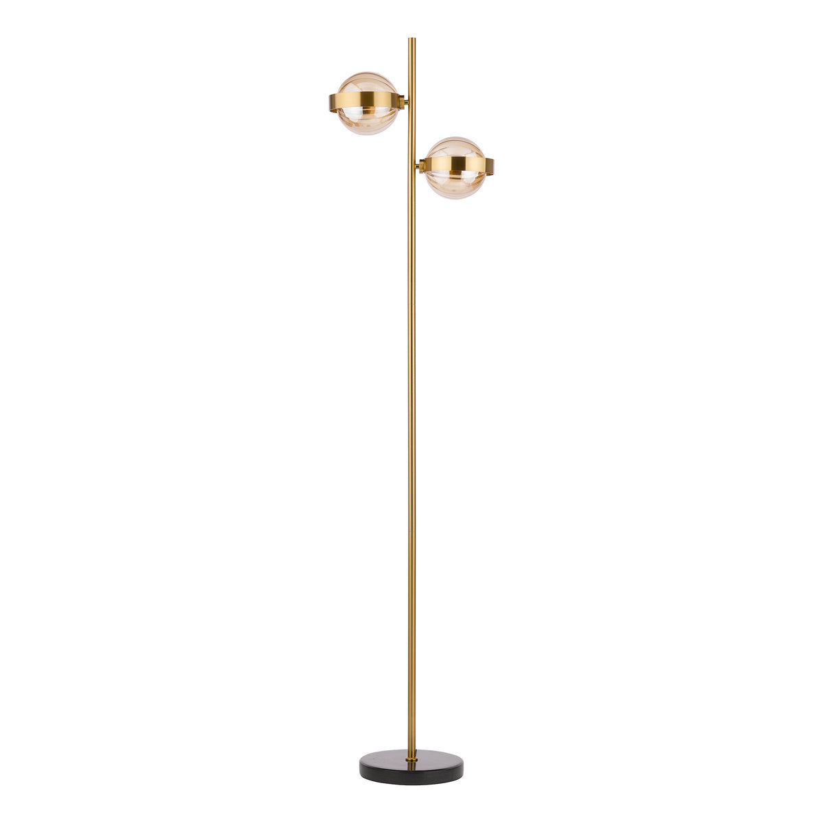 Ophira 2 Light Floor Lamp Antique Gold Black Marble and Amber Ribbed Glass Shades