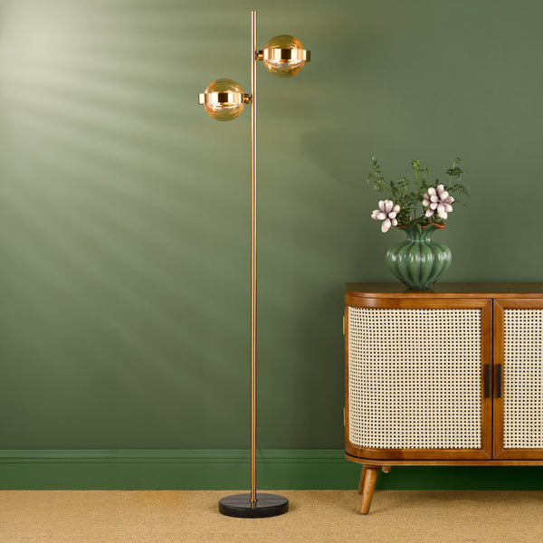 Ophira 2 Light Floor Lamp Antique Gold Black Marble and Amber Ribbed Glass Shades