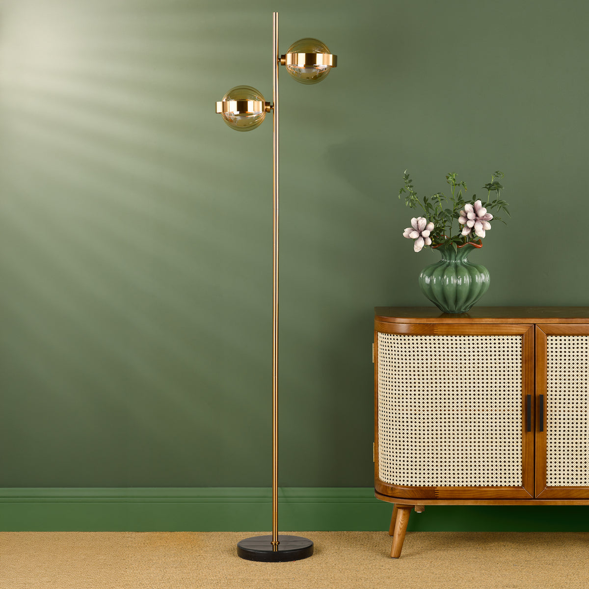 Ophira 2 Light Floor Lamp Antique Gold Black Marble and Amber Ribbed Glass Shades