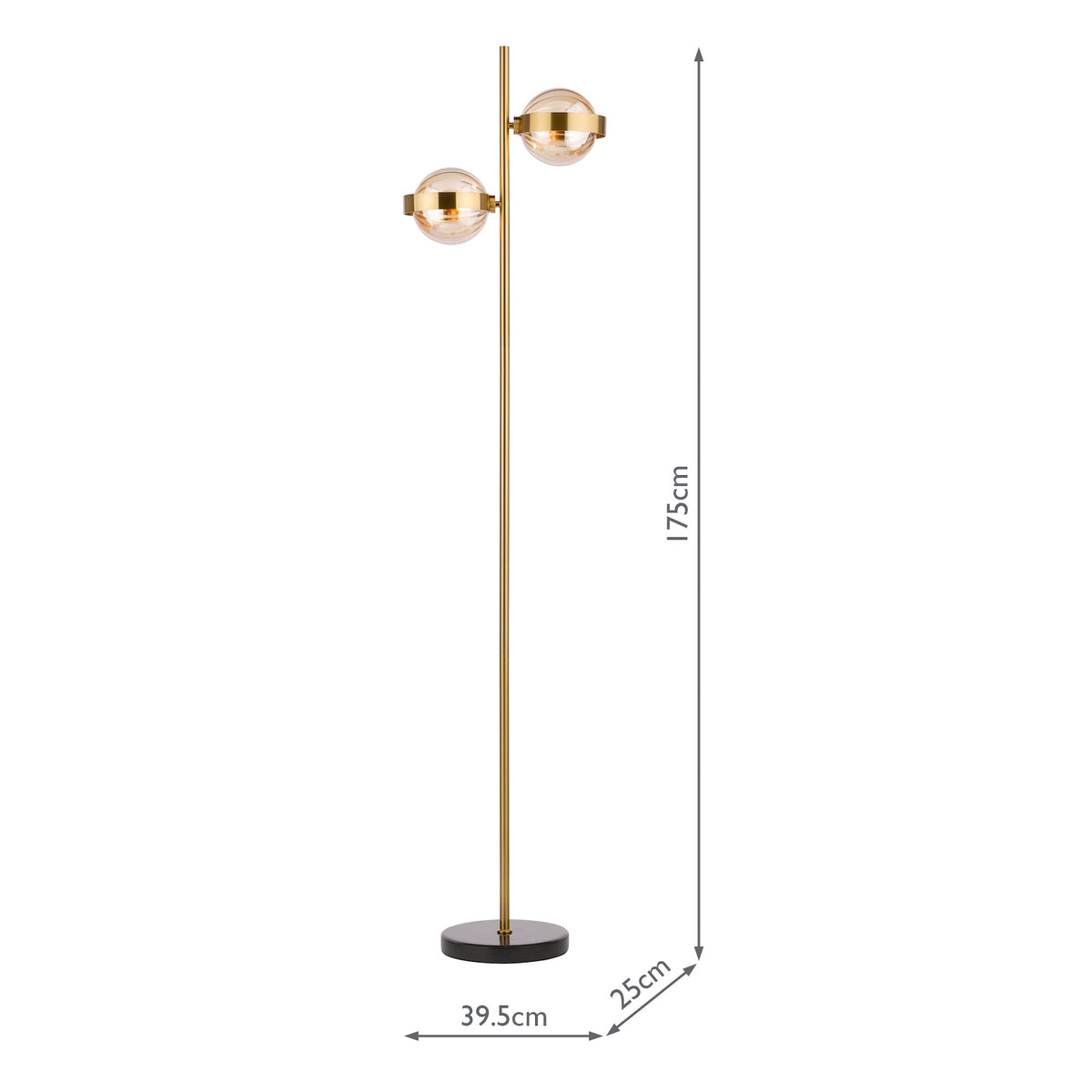 Ophira 2 Light Floor Lamp Antique Gold Black Marble and Amber Ribbed Glass Shades
