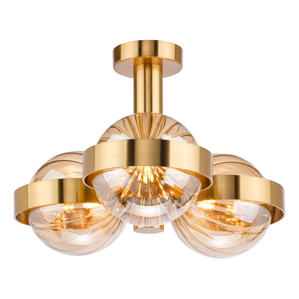 Ophira Three Light Semi Flush Ceiling Light In Antique Gold with Amber Ribbed Glass Shades
