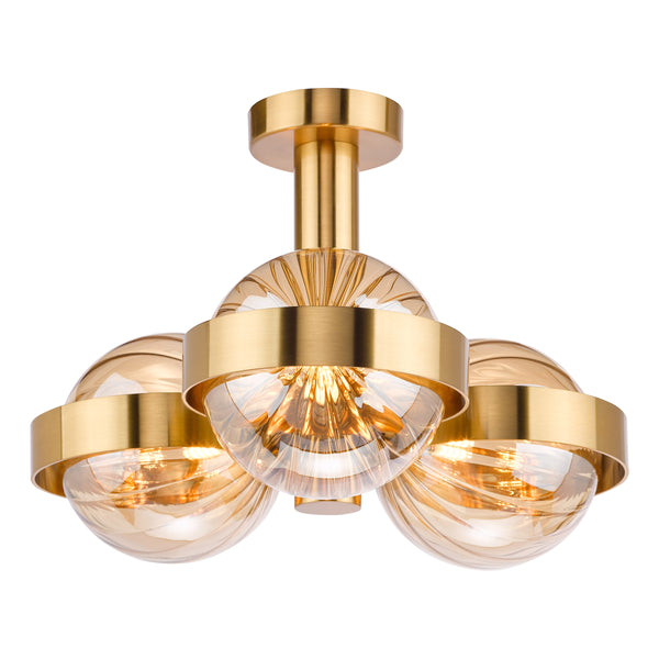 Ophira Three Light Semi Flush Ceiling Light In Antique Gold with Amber Ribbed Glass Shades
