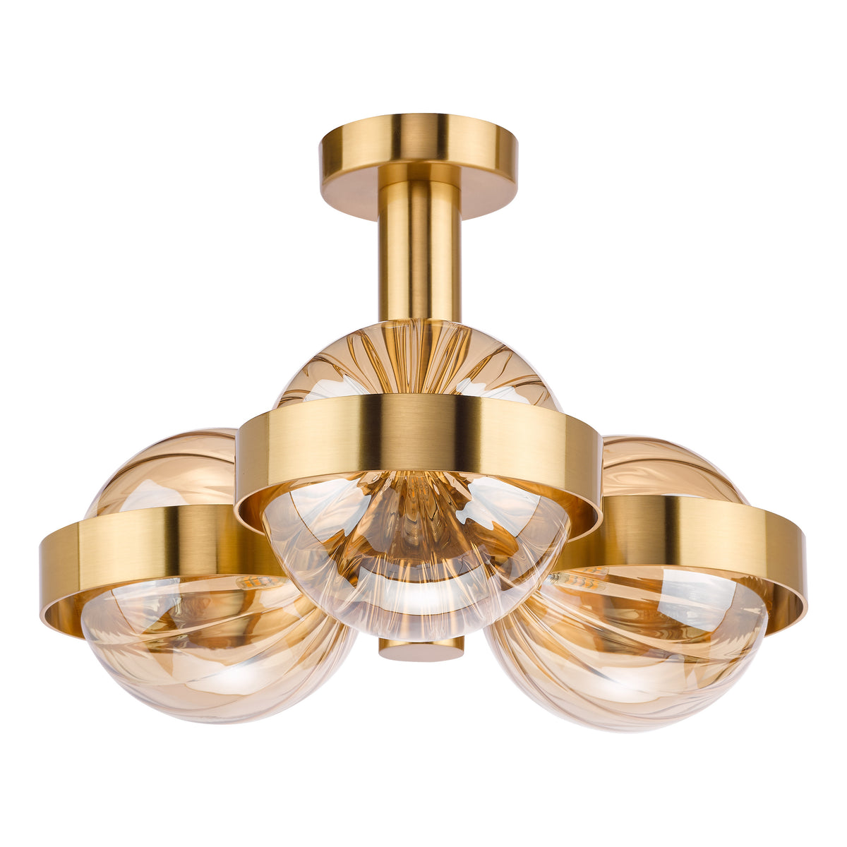 Ophira Three Light Semi Flush Ceiling Light In Antique Gold with Amber Ribbed Glass Shades