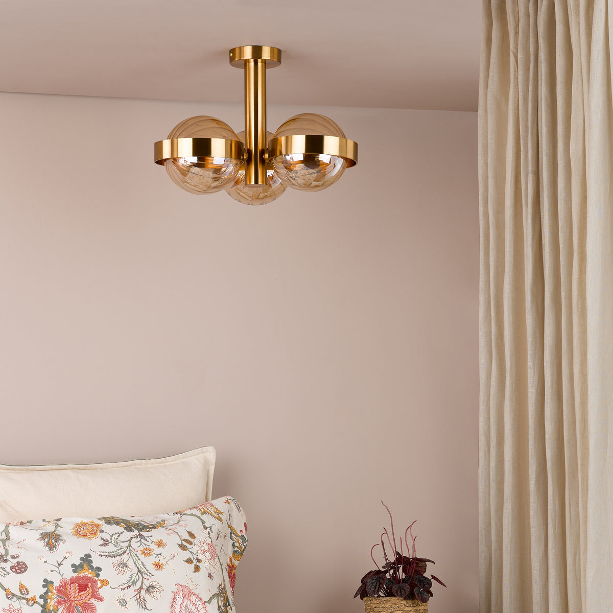 Ophira Three Light Semi Flush Ceiling Light In Antique Gold with Amber Ribbed Glass Shades
