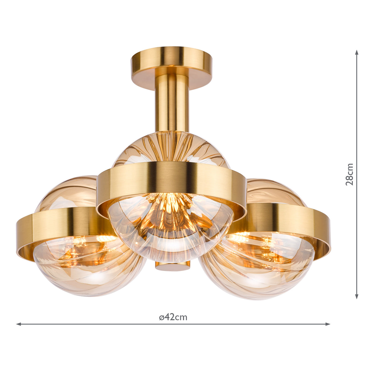 Ophira Three Light Semi Flush Ceiling Light In Antique Gold with Amber Ribbed Glass Shades
