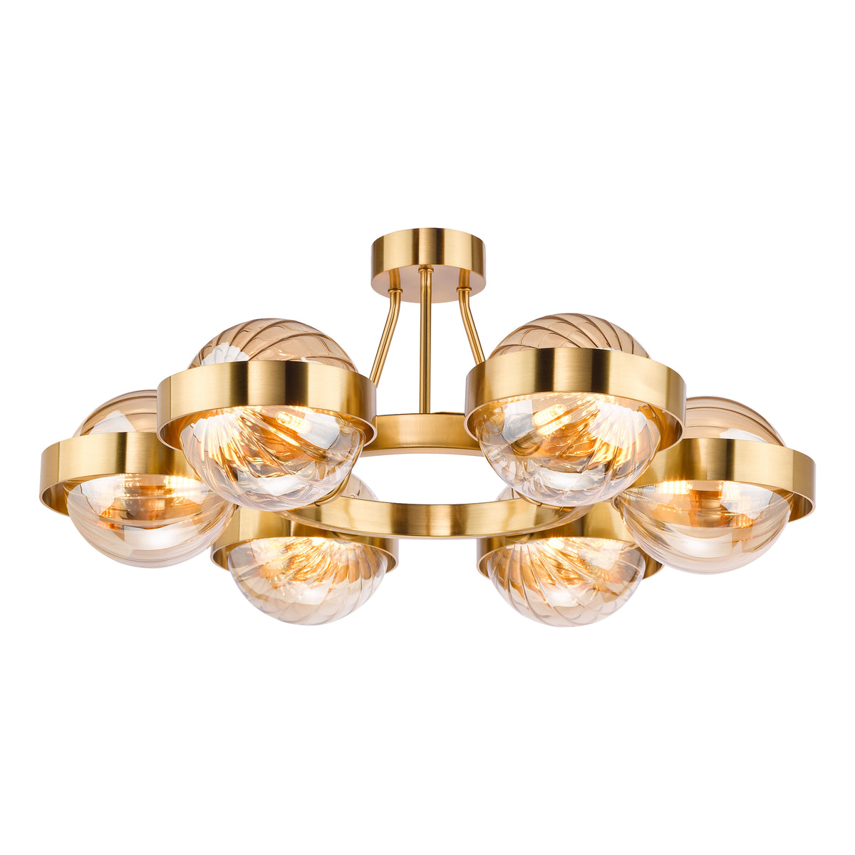 Ophira Six Light Semi Flush Ceiling Light In Antique Gold with Amber Ribbed Glass Shades