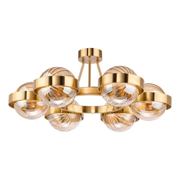 Ophira Six Light Semi Flush Ceiling Light In Antique Gold with Amber Ribbed Glass Shades