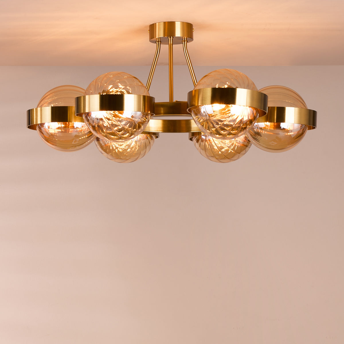 Ophira Six Light Semi Flush Ceiling Light In Antique Gold with Amber Ribbed Glass Shades