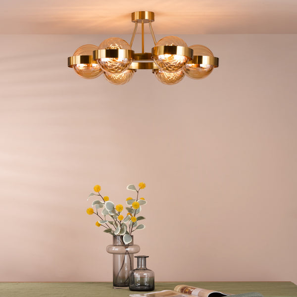 Ophira Six Light Semi Flush Ceiling Light In Antique Gold with Amber Ribbed Glass Shades