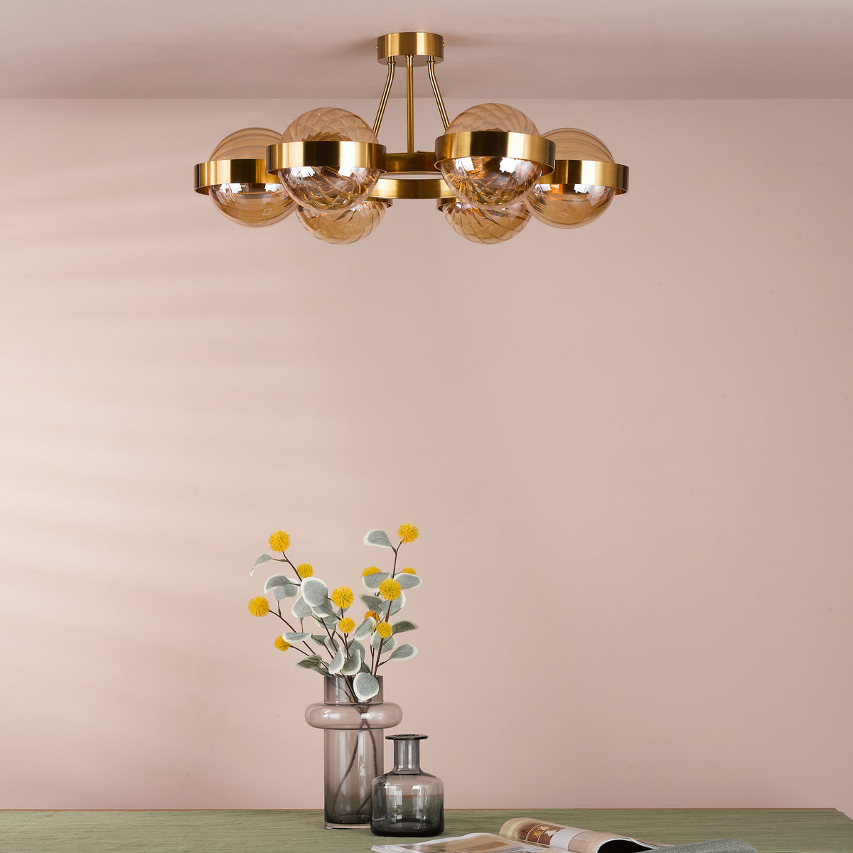 Ophira Six Light Semi Flush Ceiling Light In Antique Gold with Amber Ribbed Glass Shades