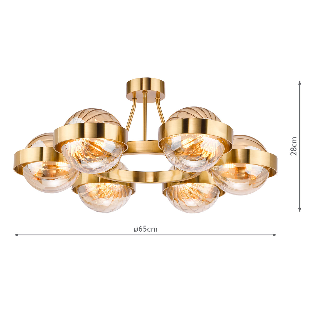 Ophira Six Light Semi Flush Ceiling Light In Antique Gold with Amber Ribbed Glass Shades