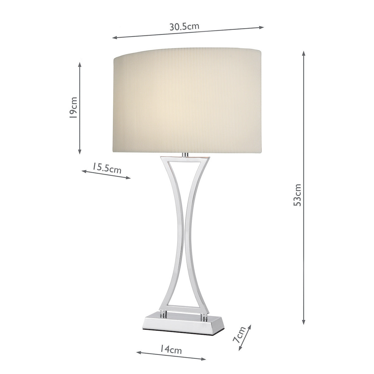 Table lamp with a chrome base and a white pleated shade. Dimensions are included.