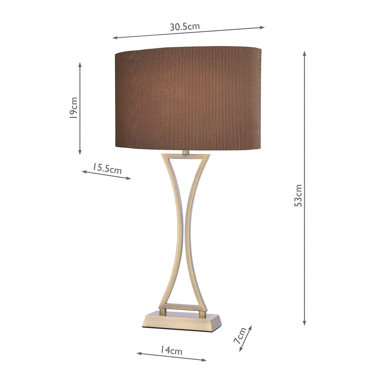Bronze table lamp with a brown pleated shade and an hourglass-shaped base. It measures 53cm high.