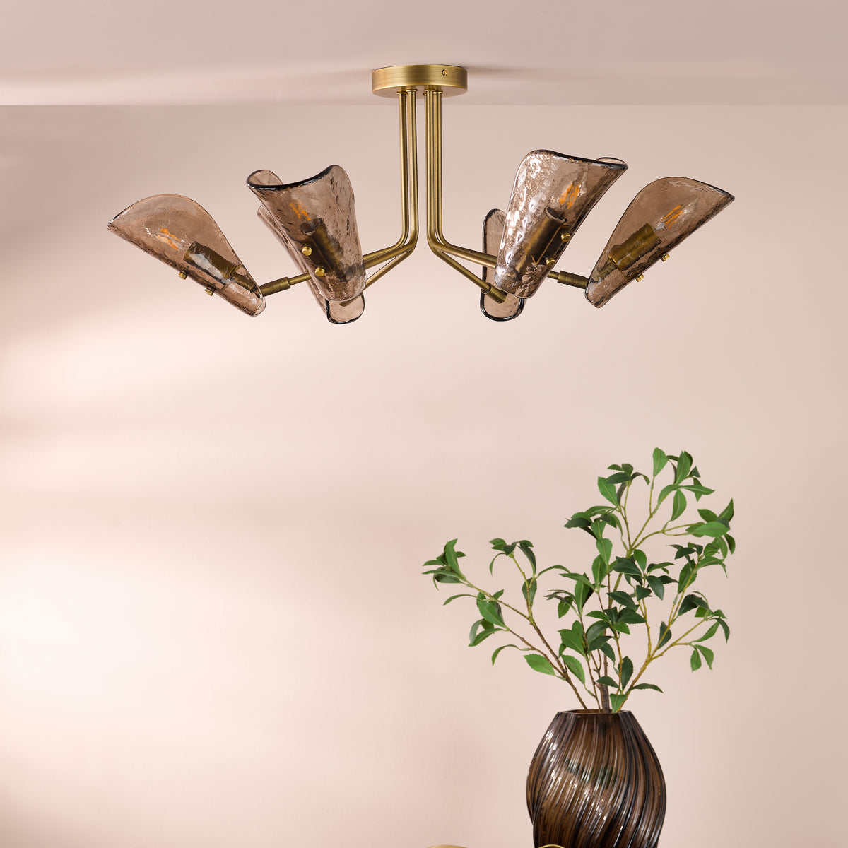 Ordelle Semi Flush Ceiling Light  in Antique Bronze with Tea Smoked Glass Shades